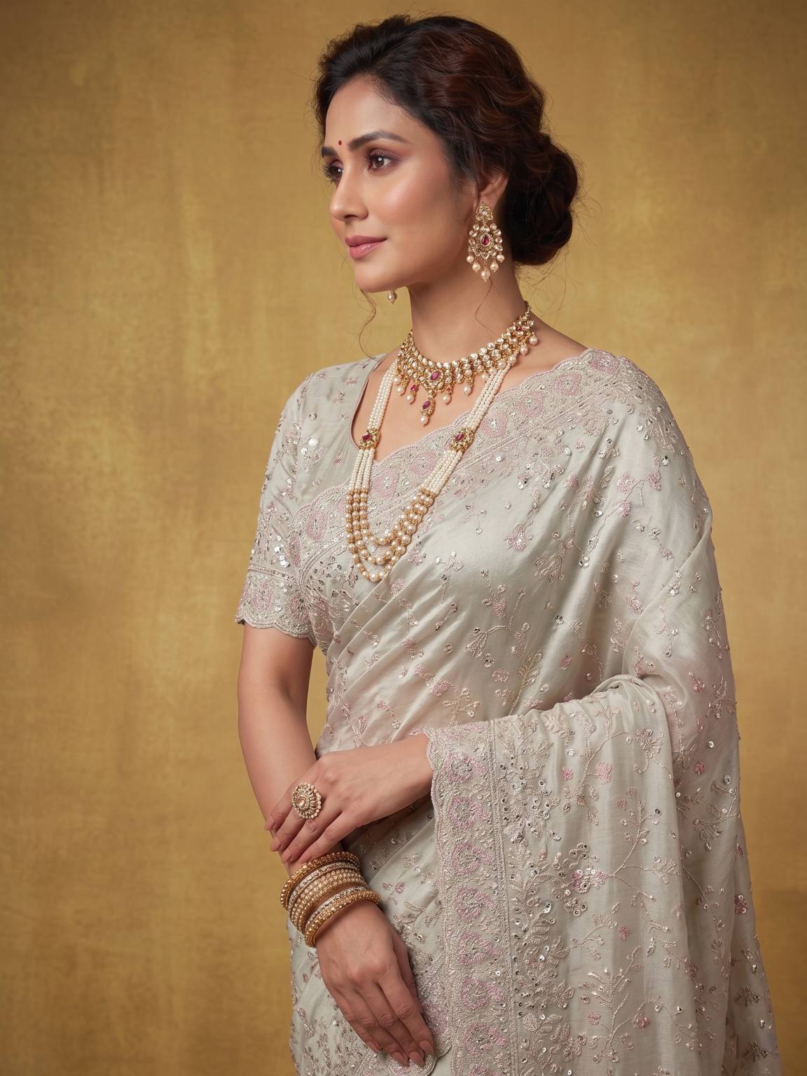Blush Rose Pink Crush Organza Silk Saree with Multi Sequins Jaal Embroidery - Detail View 4