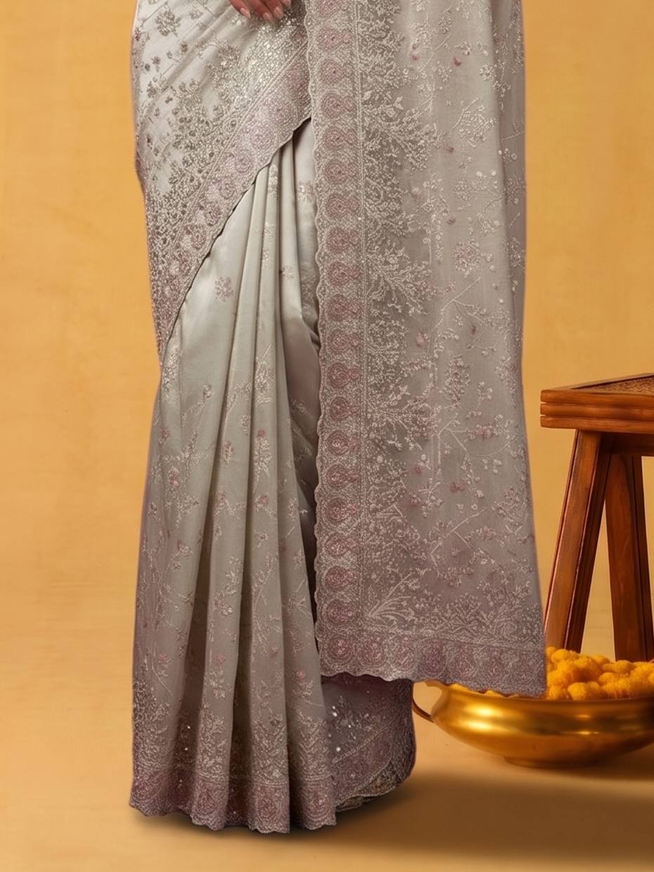 Blush Rose Pink Crush Organza Silk Saree with Multi Sequins Jaal Embroidery - Detail View 5