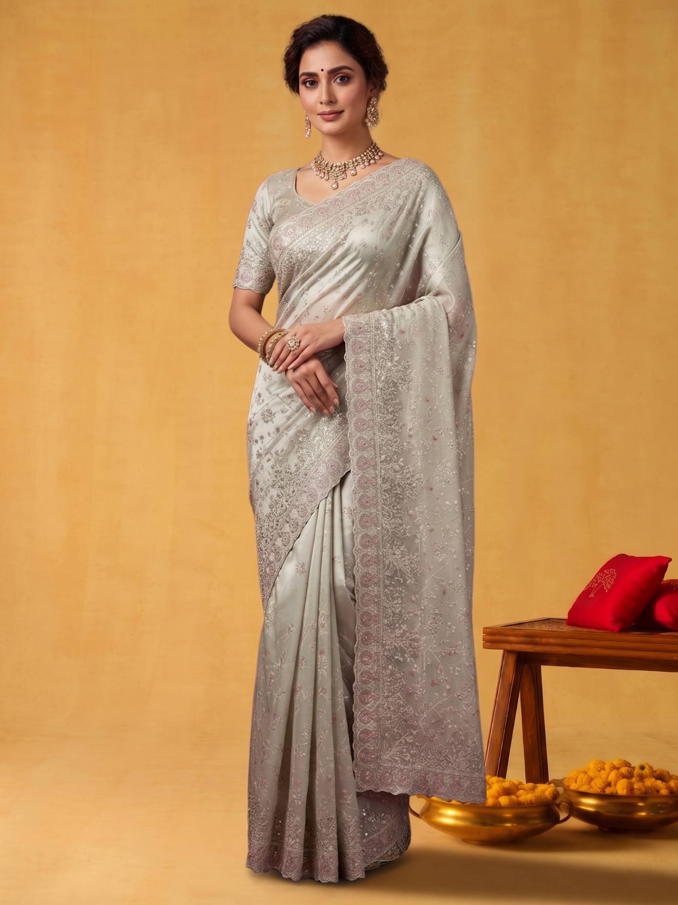 Blush Rose Pink Crush Organza Silk Saree with Multi Sequins Jaal Embroidery - Front View