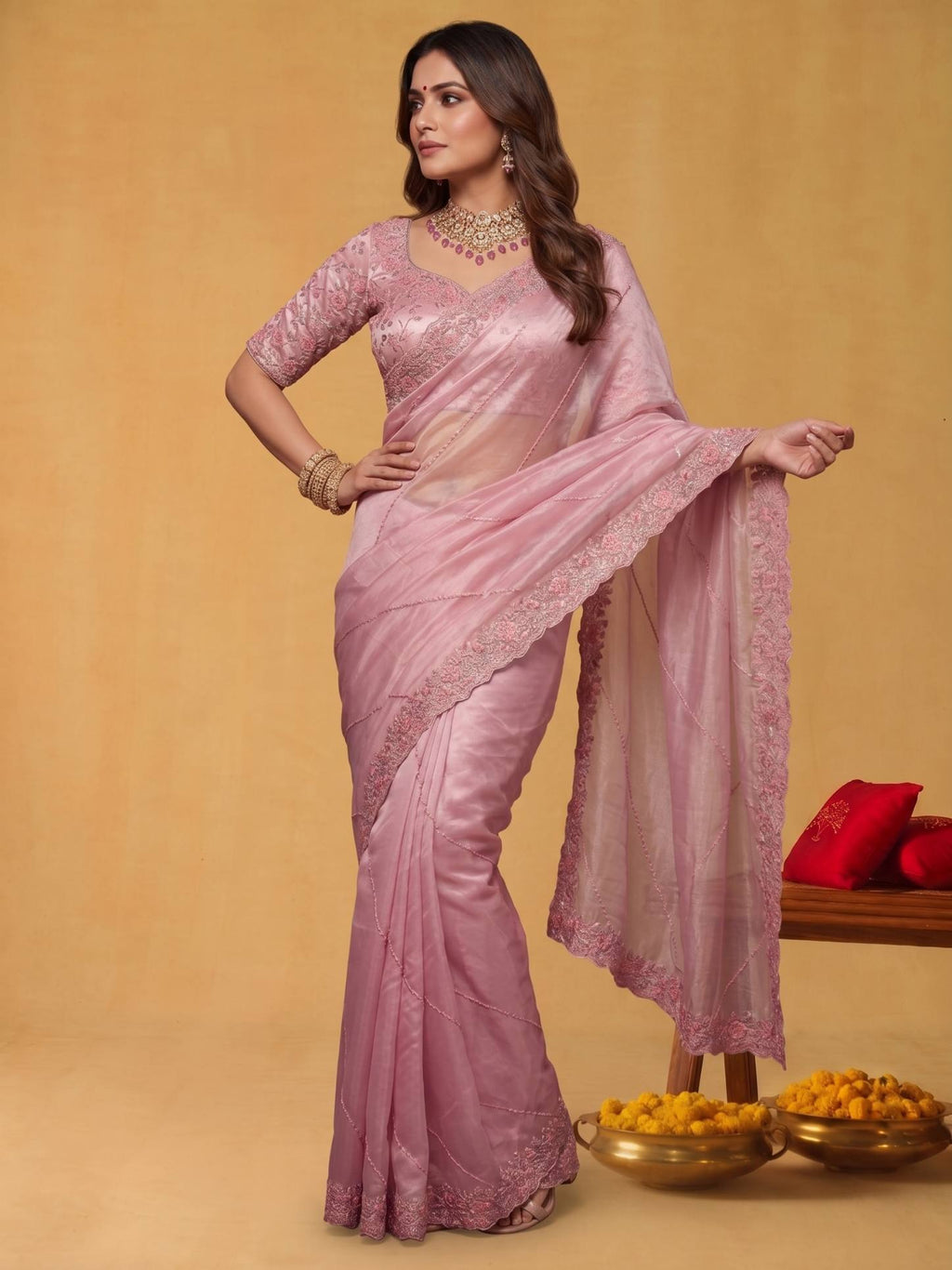 Champagne Beige Organza Satin Saree with Dual Sequins - Detail View 2