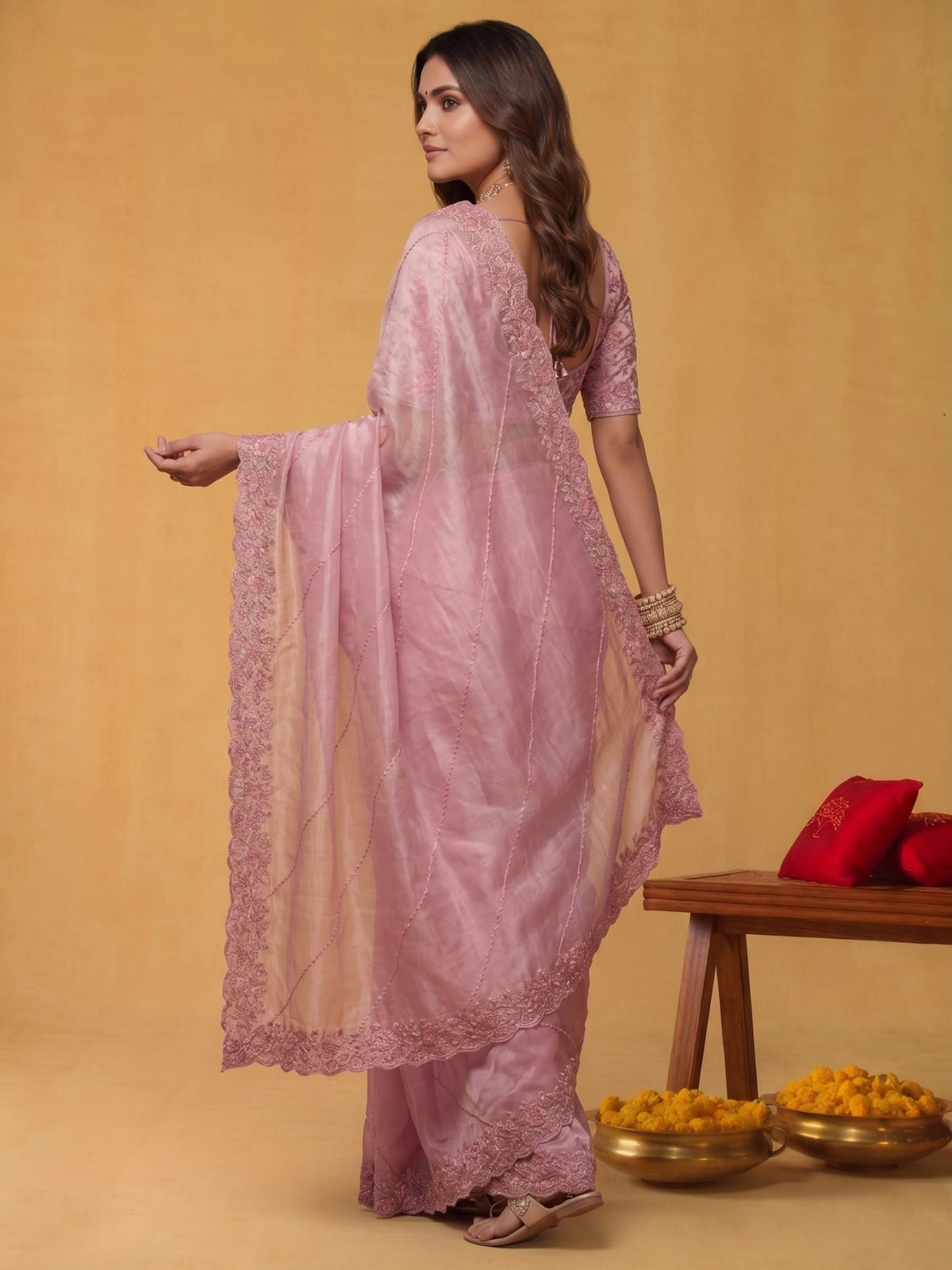 Champagne Beige Organza Satin Saree with Dual Sequins - Detail View 3