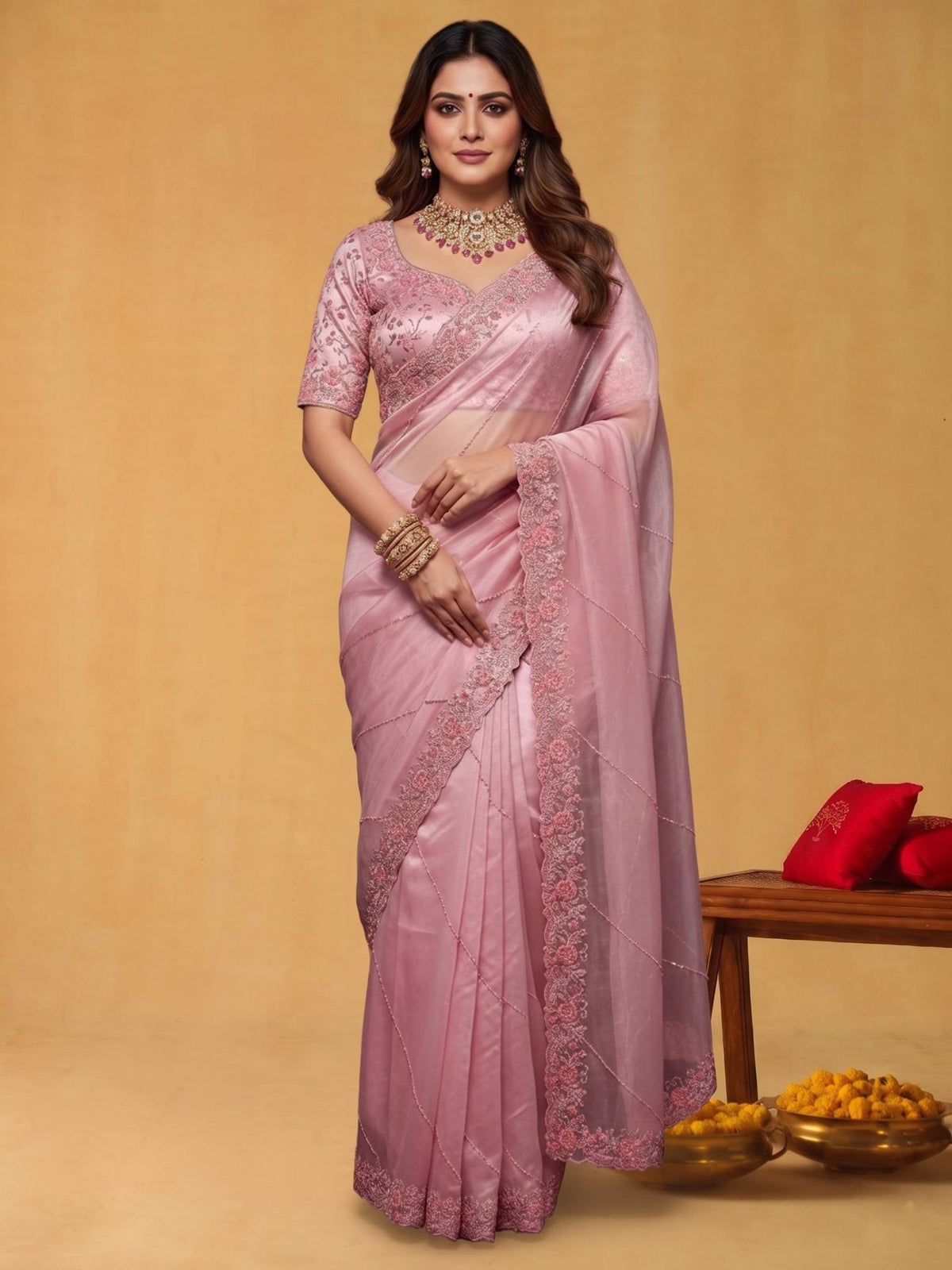 Champagne Beige Organza Satin Saree with Dual Sequins - Front View
