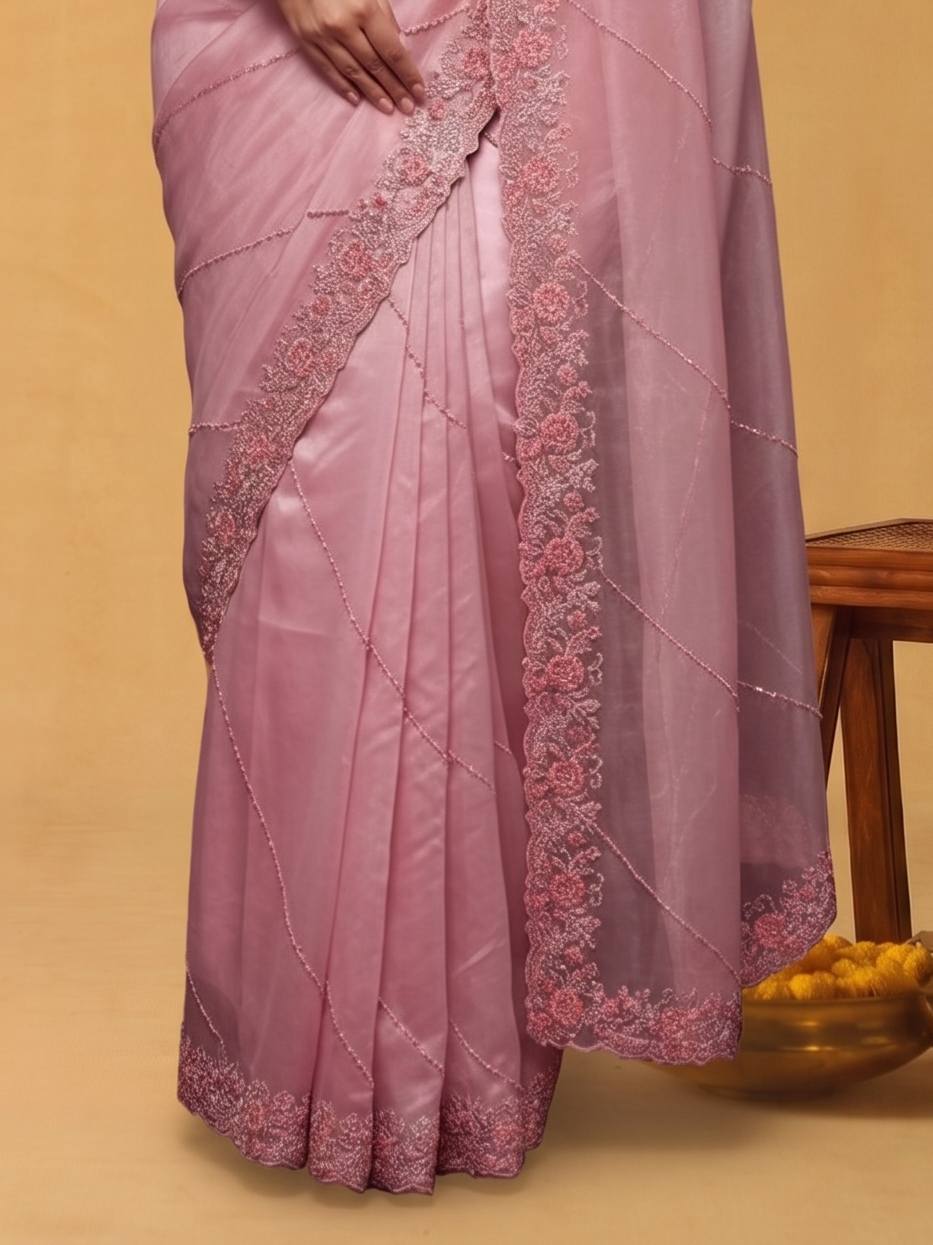 Champagne Beige Organza Satin Saree with Dual Sequins - Detail View 5