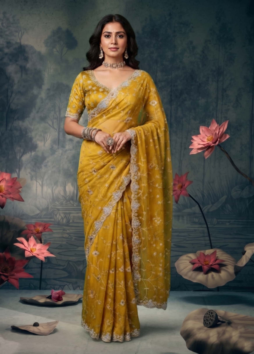 Mustard Yellow Tissue Silk Resham Zari Embroidered Saree