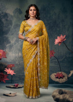 Mustard Yellow Tissue Silk Resham Zari Embroidered Saree