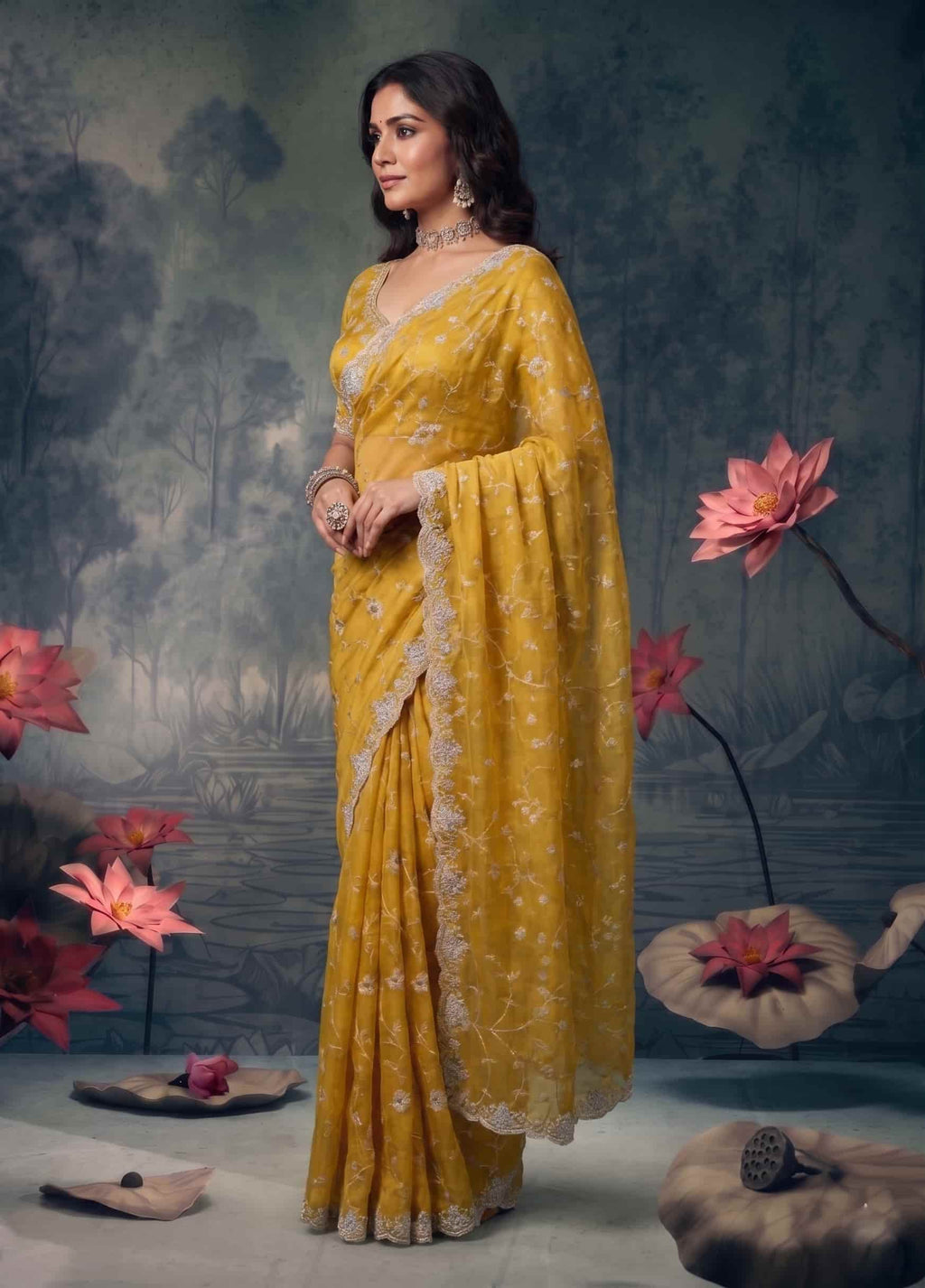 Mustard Yellow Tissue Silk Resham Zari Embroidered Saree