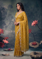 Mustard Yellow Tissue Silk Resham Zari Embroidered Saree
