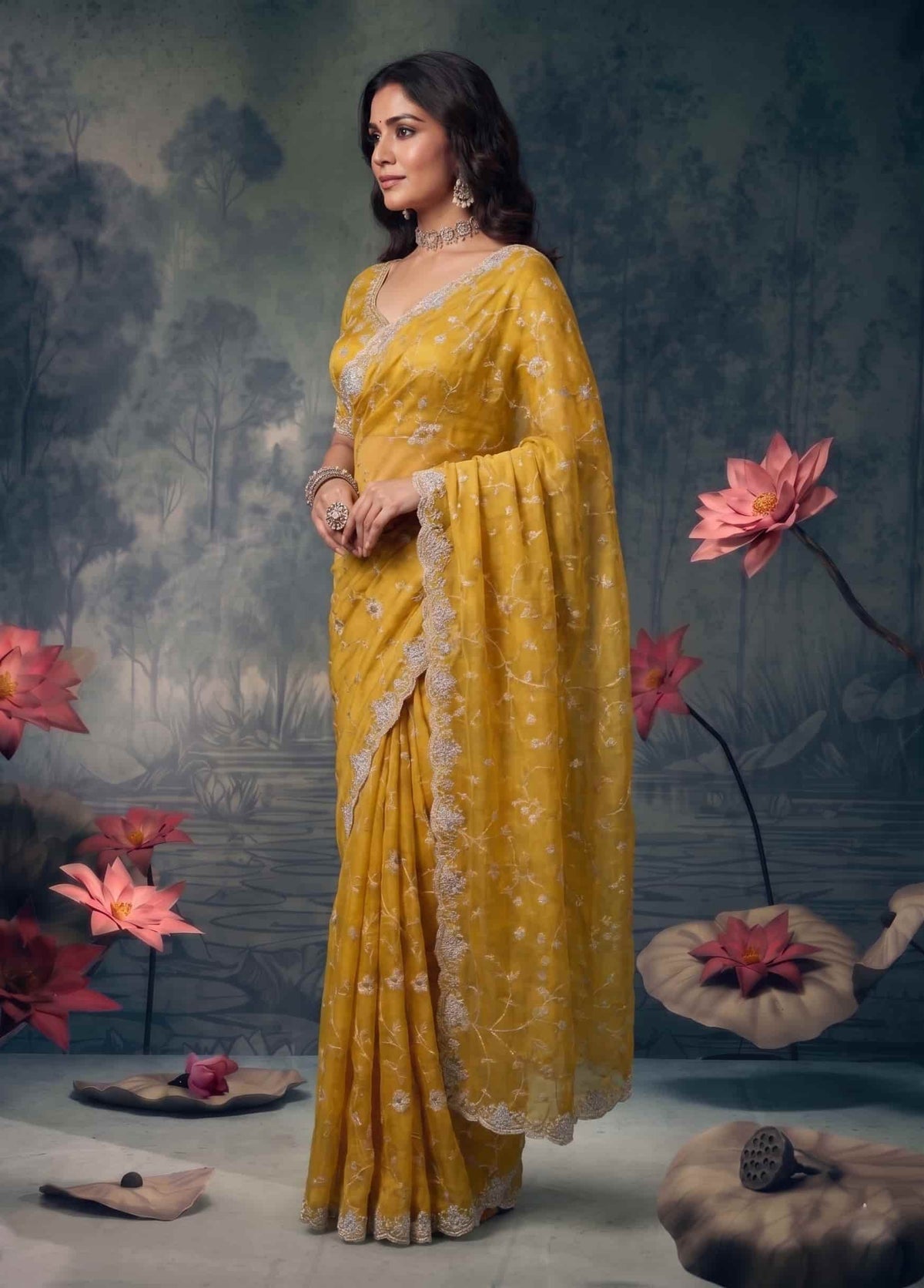 Mustard Yellow Tissue Silk Resham Zari Embroidered Saree