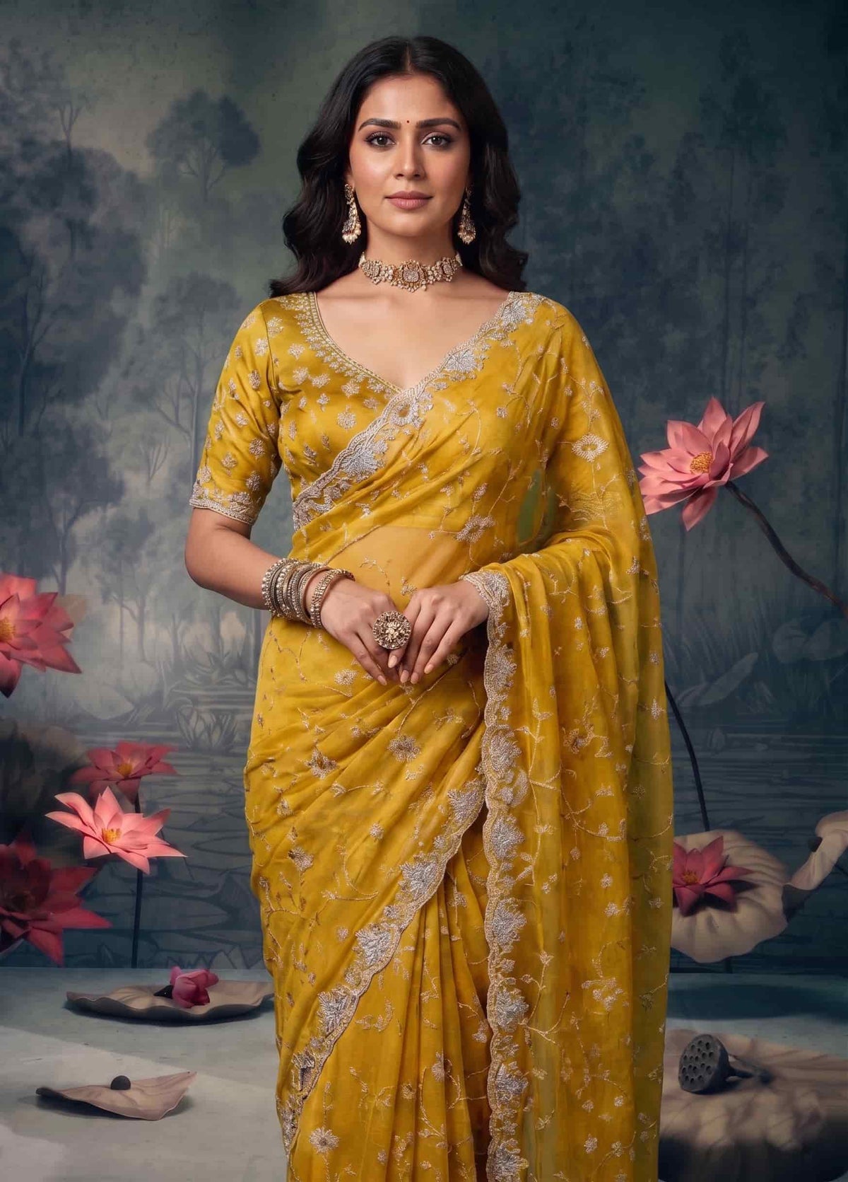 Mustard Yellow Tissue Silk Resham Zari Embroidered Saree
