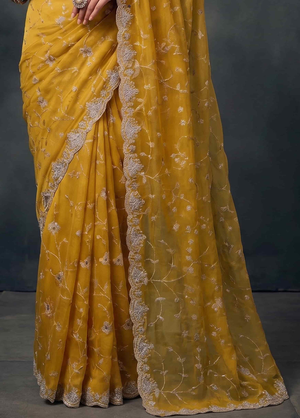 Mustard Yellow Tissue Silk Resham Zari Embroidered Saree