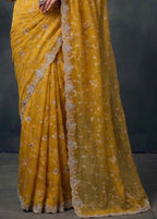 Mustard Yellow Tissue Silk Resham Zari Embroidered Saree