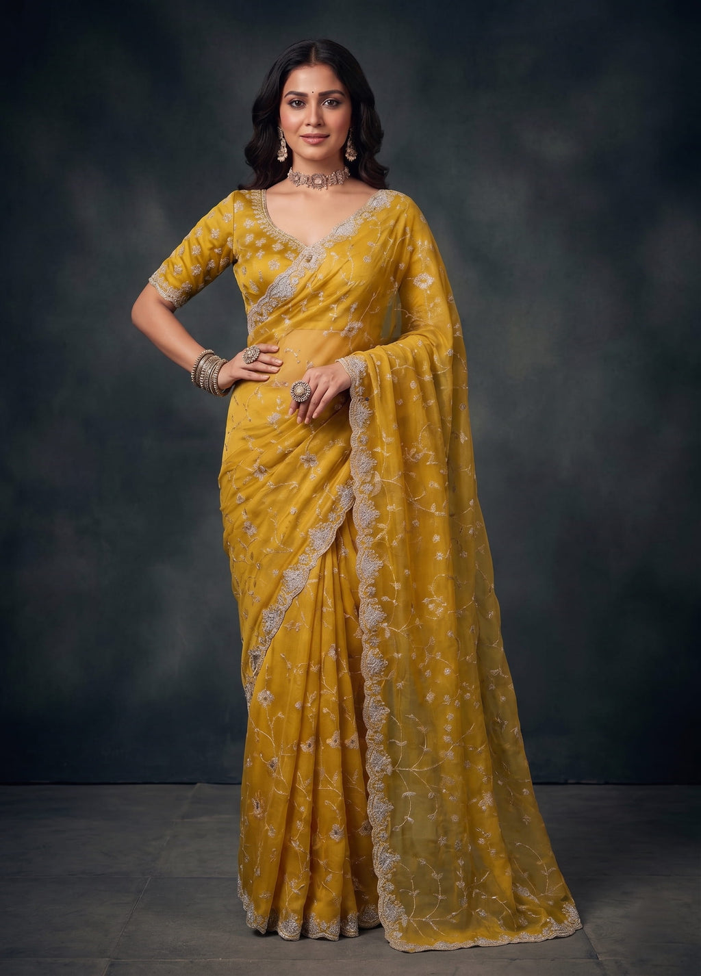 Mustard Yellow Tissue Silk Resham Zari Embroidered Saree