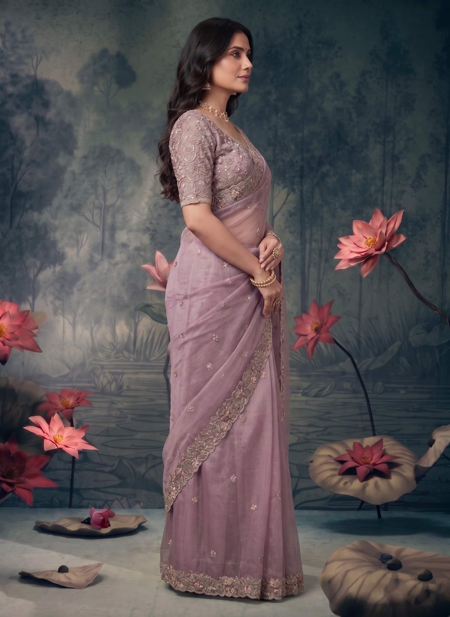 Crimson Red Soft Satin Silk Aari Zardozi Handwork Saree