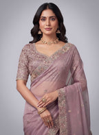 Crimson Red Soft Satin Silk Aari Zardozi Handwork Saree