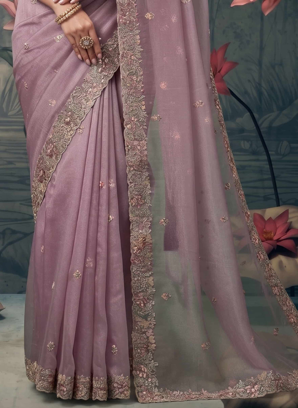 Crimson Red Soft Satin Silk Aari Zardozi Handwork Saree