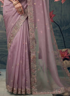 Crimson Red Soft Satin Silk Aari Zardozi Handwork Saree