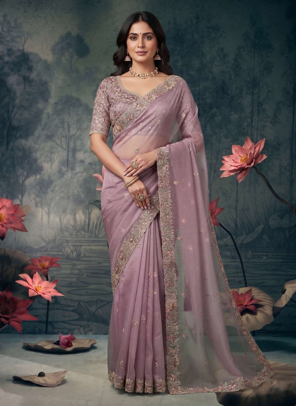 Crimson Red Soft Satin Silk Aari Zardozi Handwork Saree