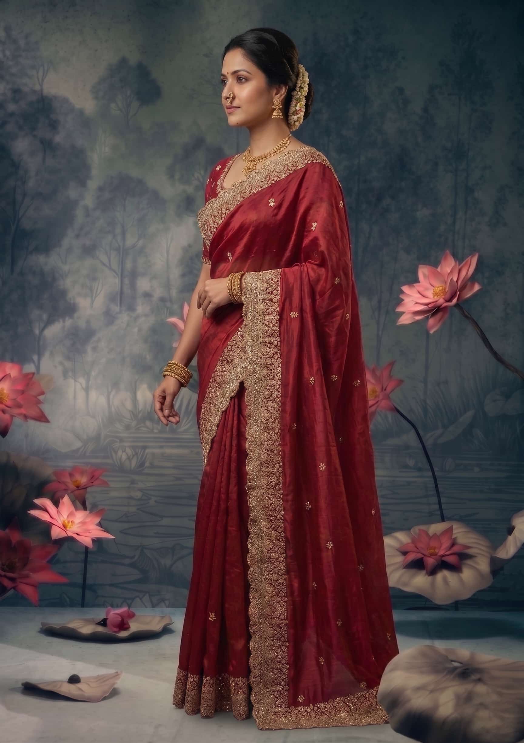 Ivory Zari Tissue Silk Antique Gold Zari Work Saree