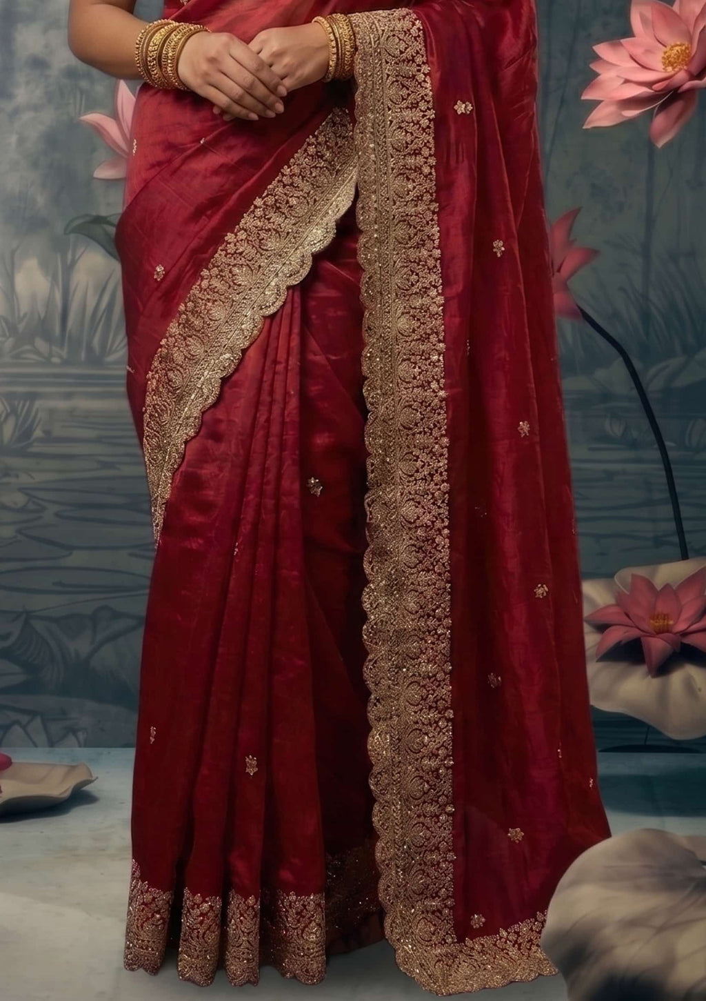 Ivory Zari Tissue Silk Antique Gold Zari Work Saree