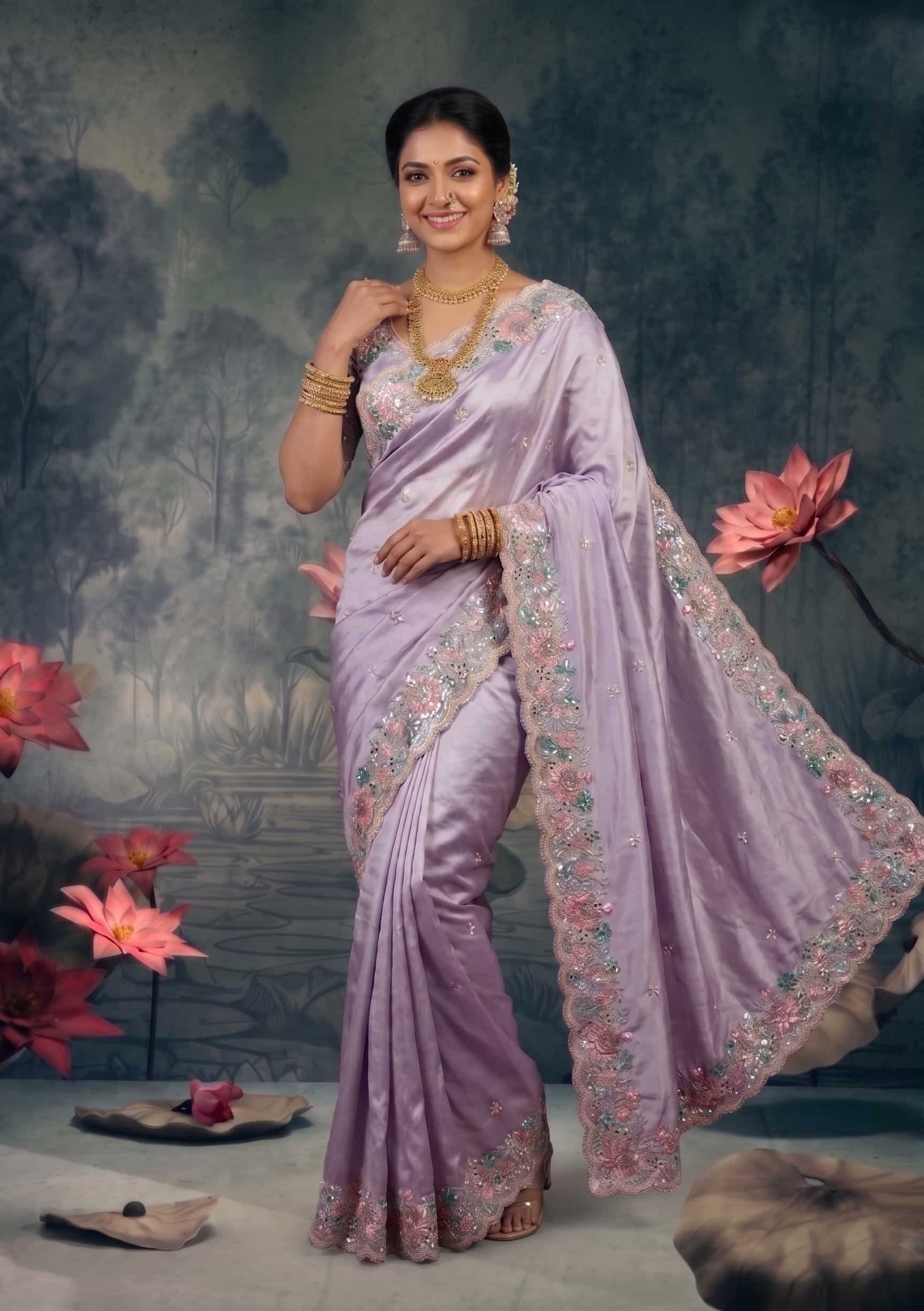 Champagne Beige Zari Organza Satin Dual Sequin Stone Handwork Saree