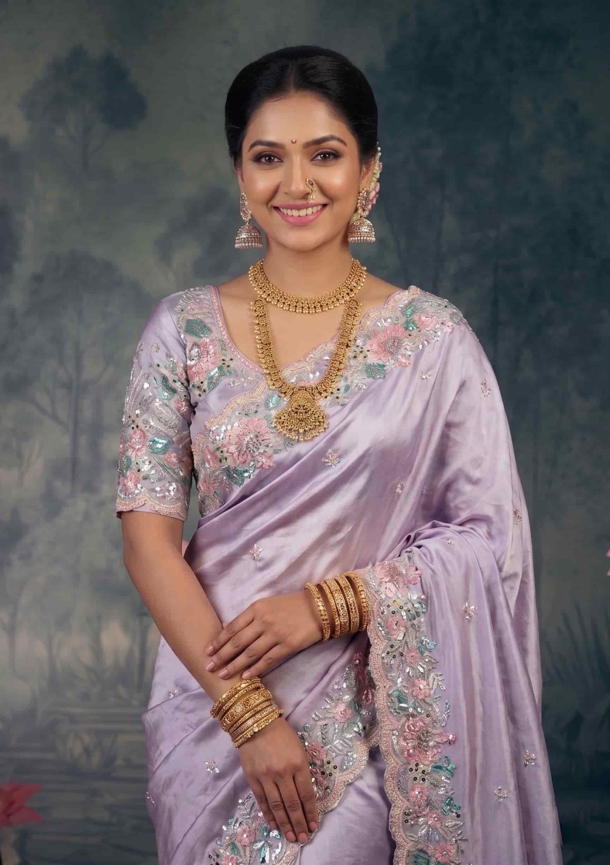 Champagne Beige Zari Organza Satin Dual Sequin Stone Handwork Saree