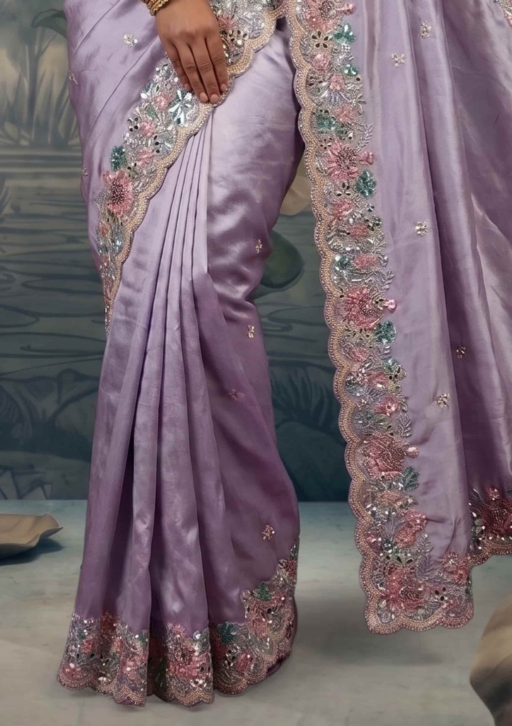Champagne Beige Zari Organza Satin Dual Sequin Stone Handwork Saree