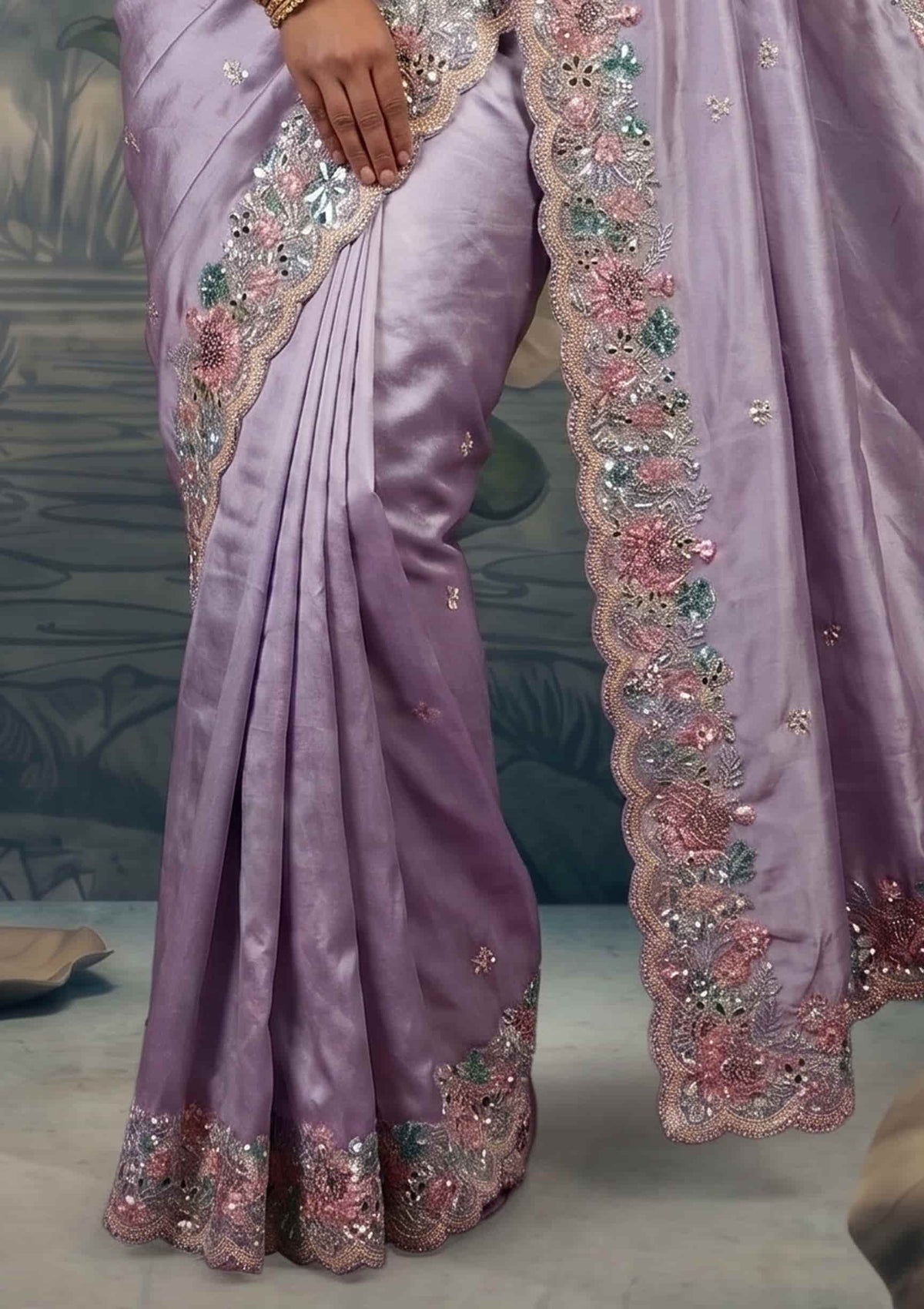Champagne Beige Zari Organza Satin Dual Sequin Stone Handwork Saree