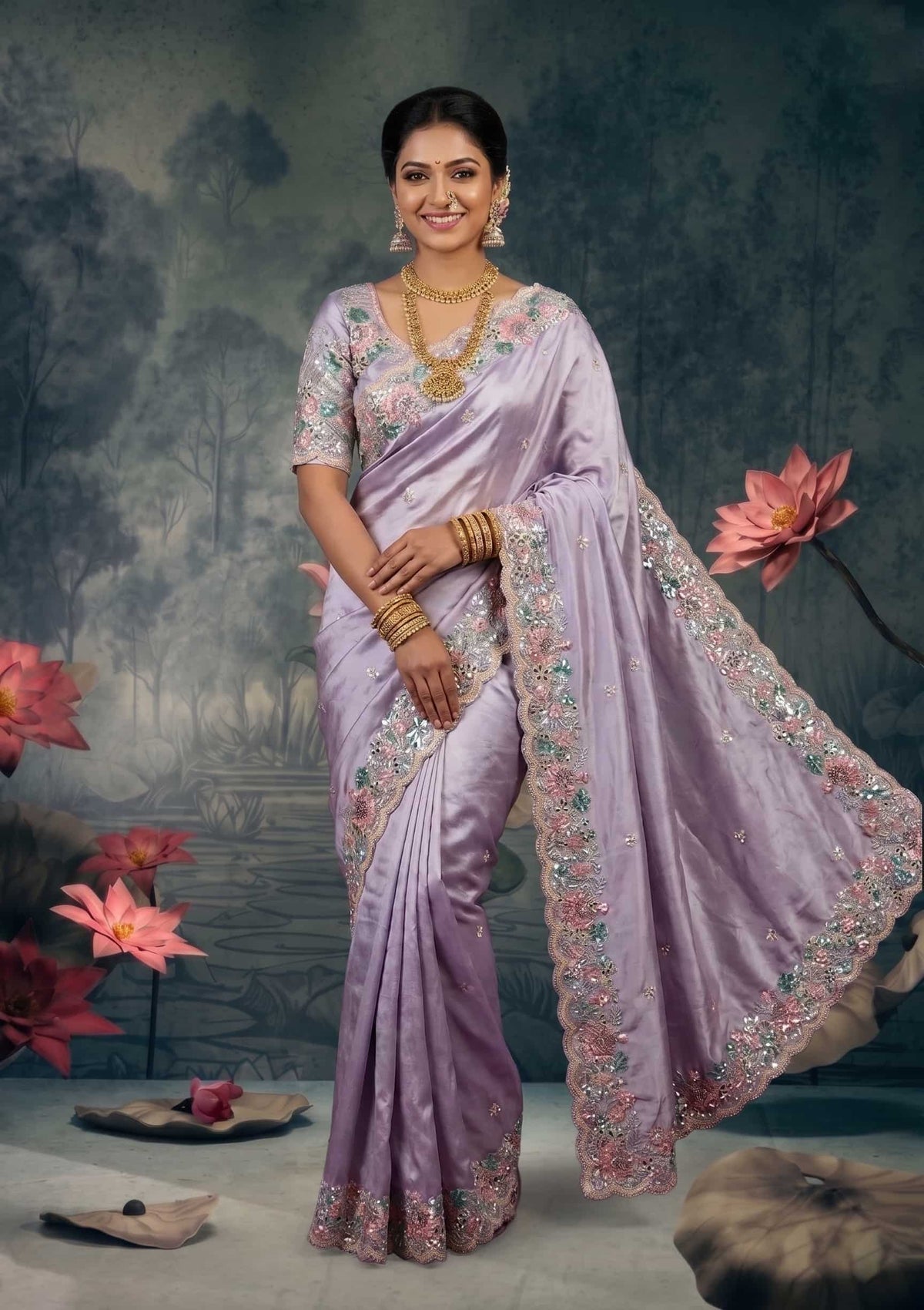 Champagne Beige Zari Organza Satin Dual Sequin Stone Handwork Saree