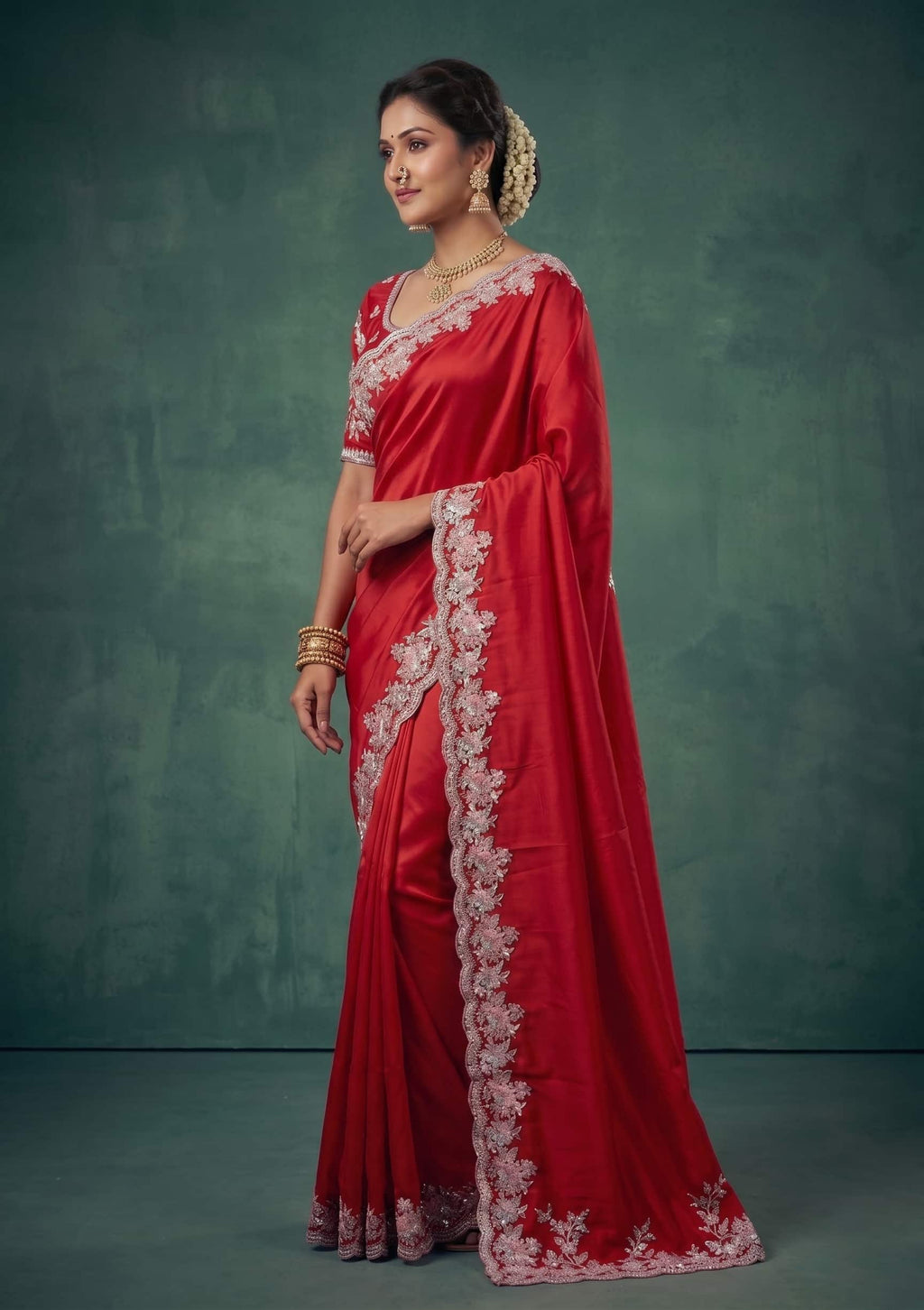 Cherry Red Lustrous Satin Silk Thread Pearl Sequin Embroidered Saree