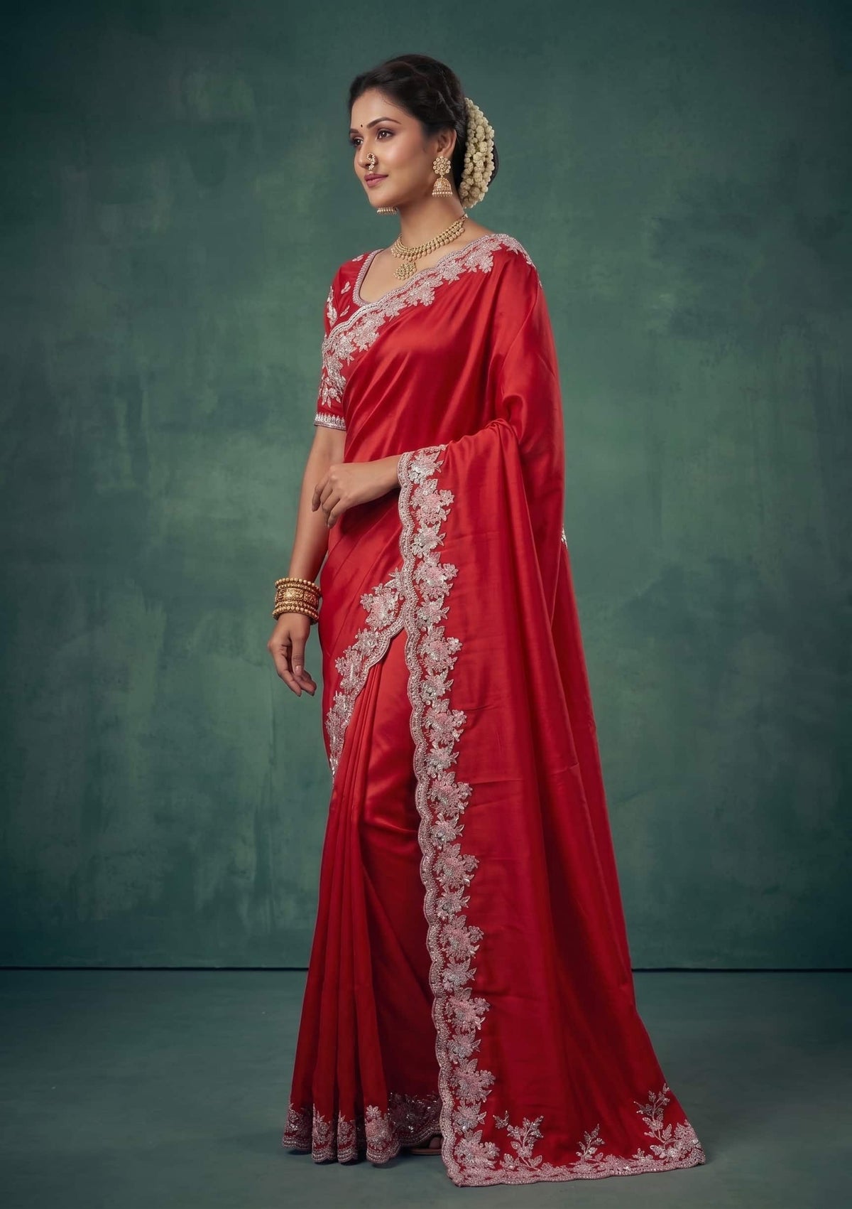 Cherry Red Lustrous Satin Silk Thread Pearl Sequin Embroidered Saree