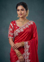 Cherry Red Lustrous Satin Silk Thread Pearl Sequin Embroidered Saree