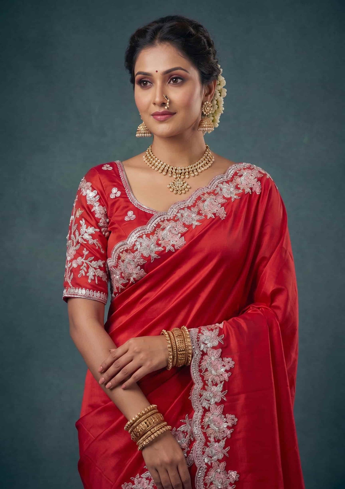 Cherry Red Lustrous Satin Silk Thread Pearl Sequin Embroidered Saree