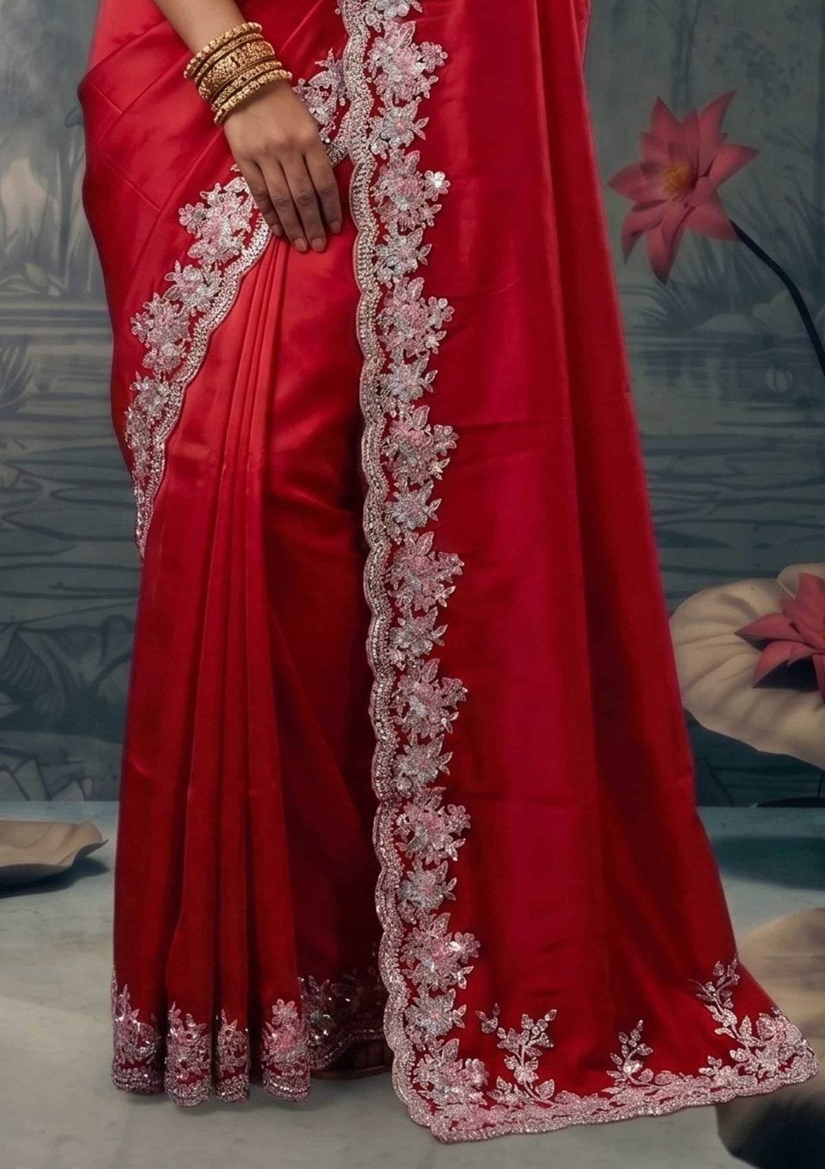 Cherry Red Lustrous Satin Silk Thread Pearl Sequin Embroidered Saree