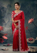 Cherry Red Lustrous Satin Silk Thread Pearl Sequin Embroidered Saree