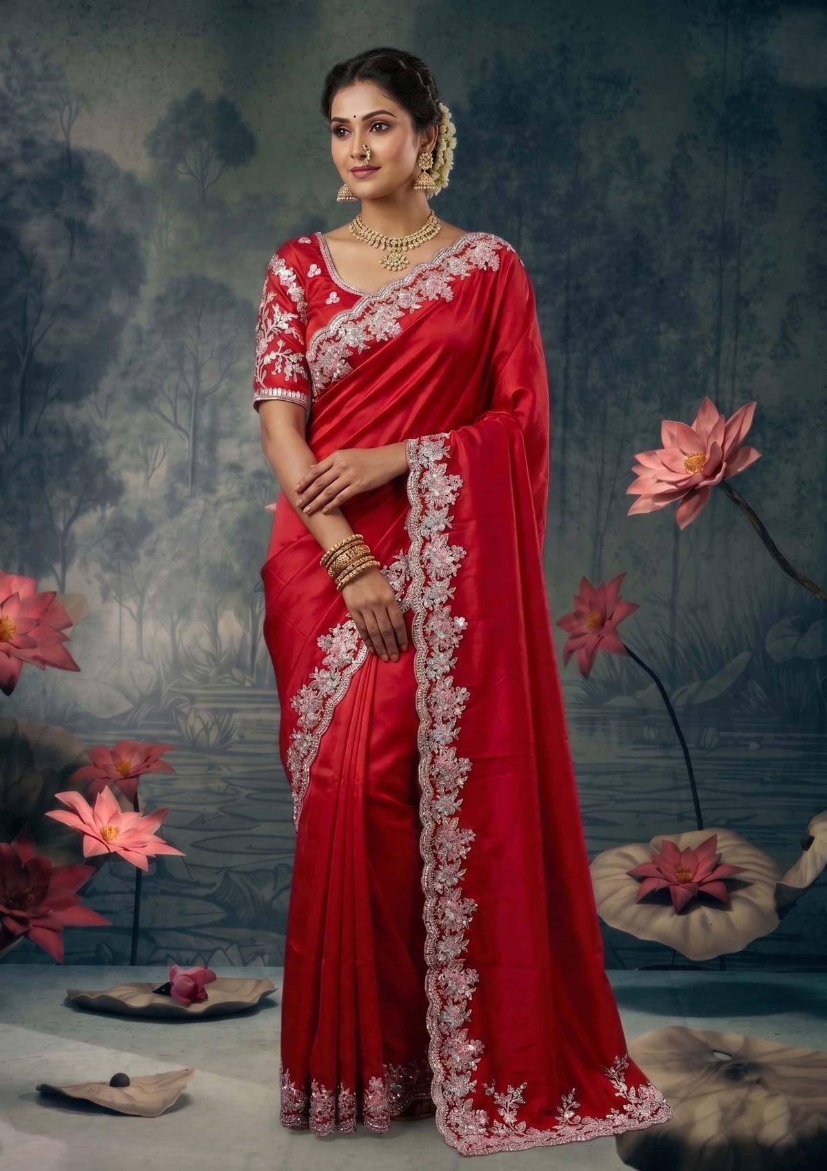 Cherry Red Lustrous Satin Silk Thread Pearl Sequin Embroidered Saree