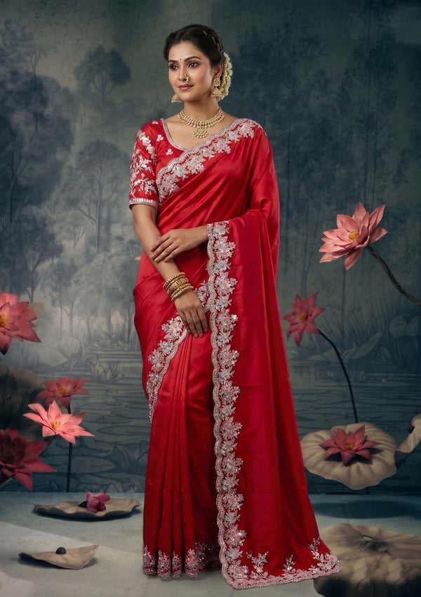 Cherry Red Lustrous Satin Silk Thread Pearl Sequin Embroidered Saree