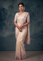 Ivory Zari Tissue Silk Pearl Embroidered Premium Saree with Unstitched Blouse