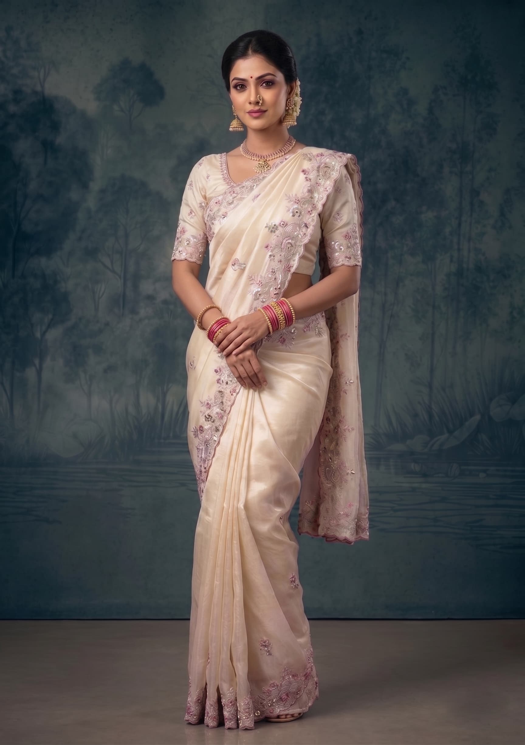 Ivory Zari Tissue Silk Pearl Embroidered Premium Saree with Unstitched Blouse