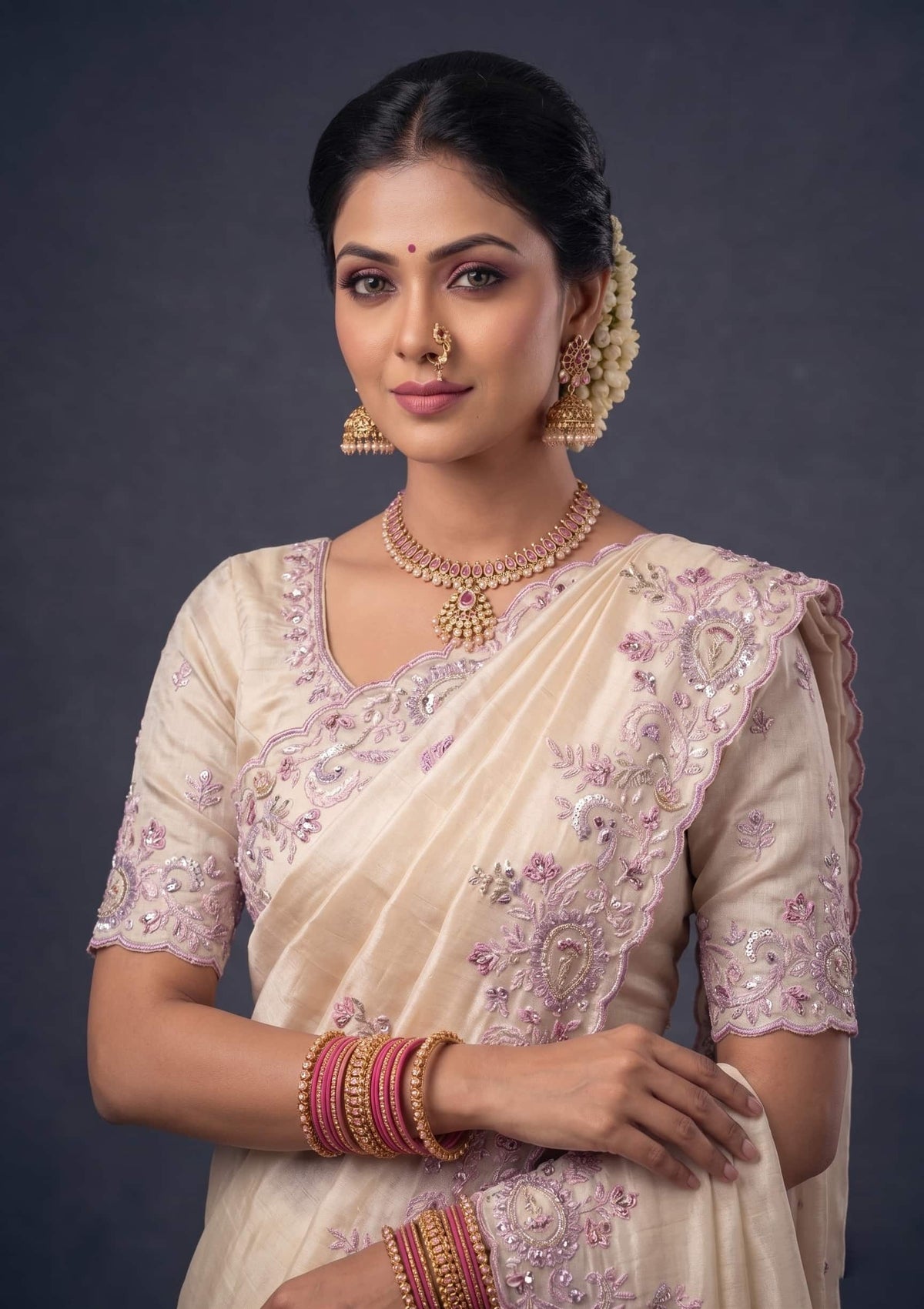Ivory Zari Tissue Silk Pearl Embroidered Premium Saree with Unstitched Blouse