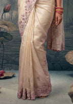Ivory Zari Tissue Silk Pearl Embroidered Premium Saree with Unstitched Blouse
