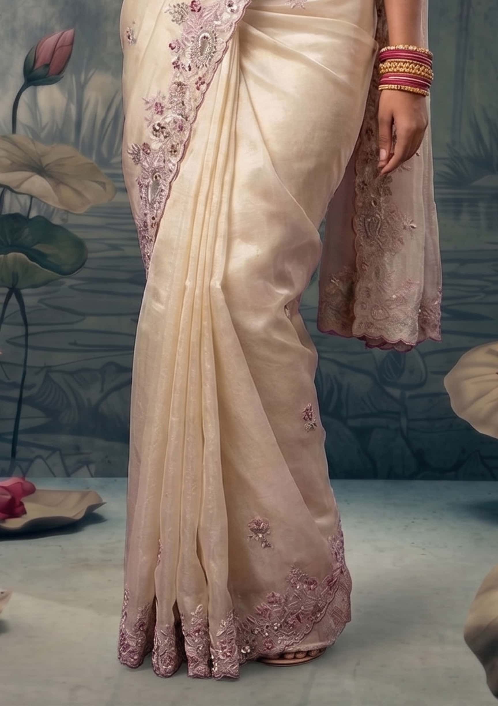Ivory Zari Tissue Silk Pearl Embroidered Premium Saree with Unstitched Blouse