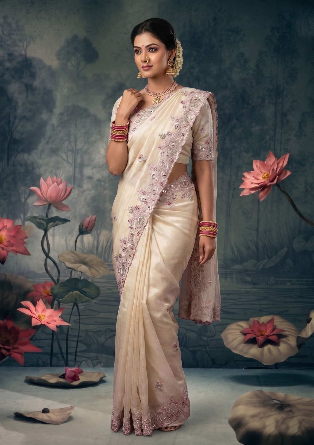 Ivory Zari Tissue Silk Pearl Embroidered Premium Saree with Unstitched Blouse