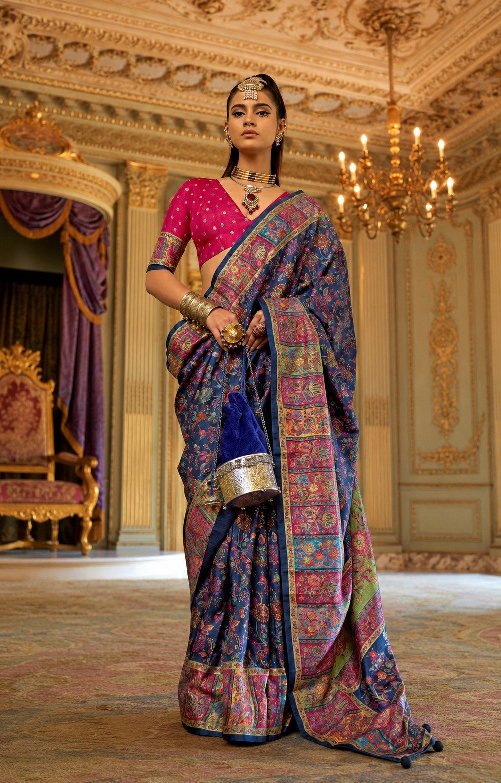 Royal Blue Viscose Silk Saree with Luxury Print & Marmo Finish | Designer Party Wear Saree