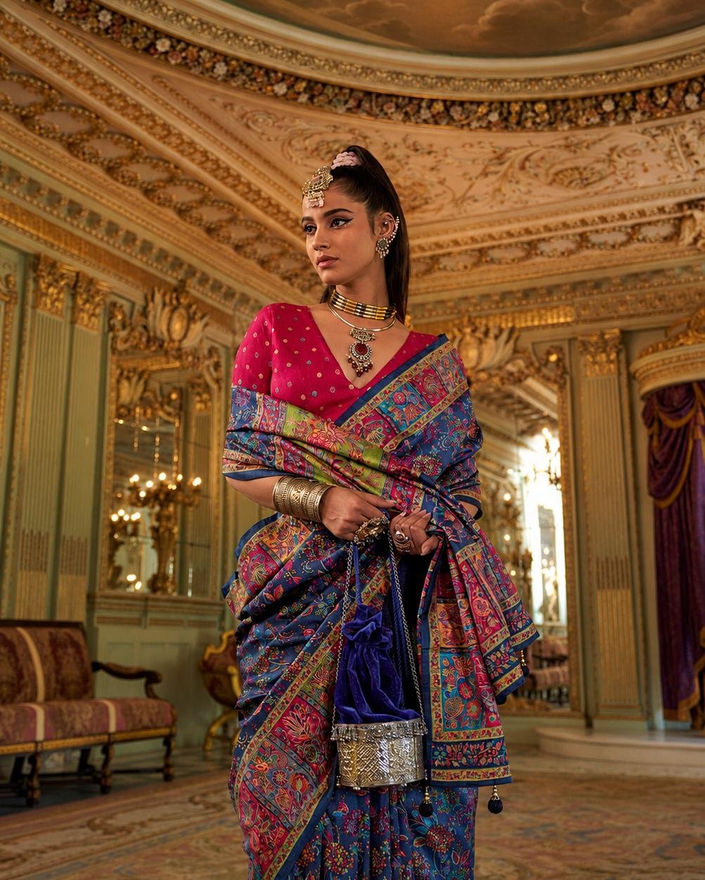 Royal Blue Viscose Silk Saree with Luxury Print & Marmo Finish | Designer Party Wear Saree