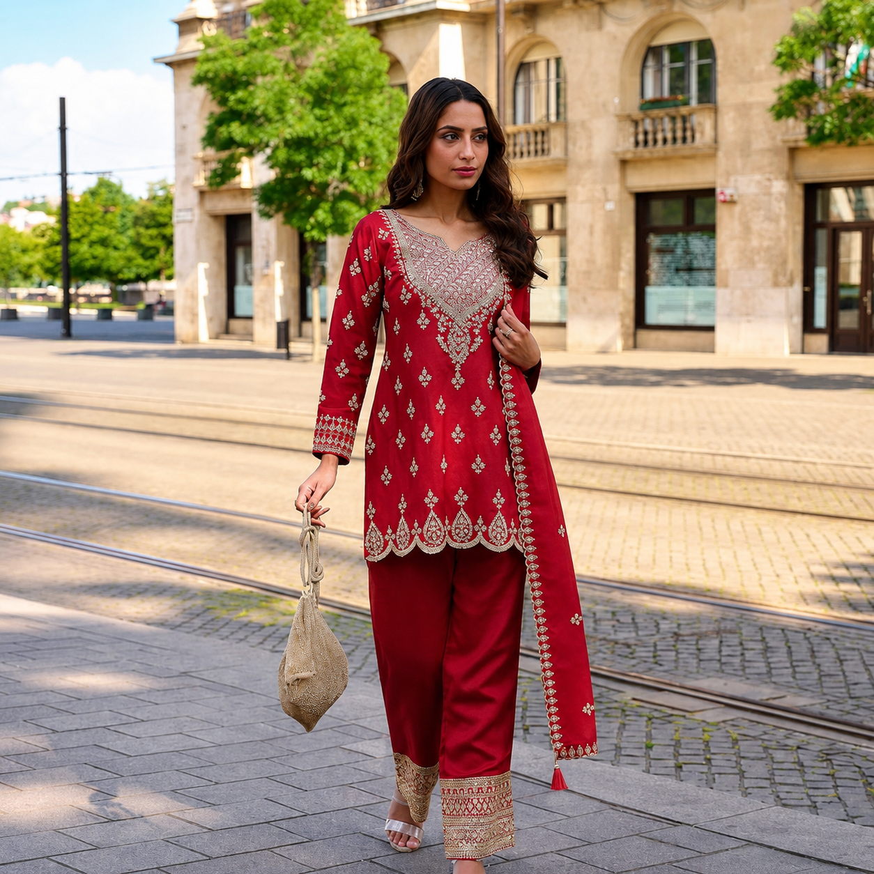 Red shimmer silk salwar kameez with embroidered mirror work and organza dupatta.