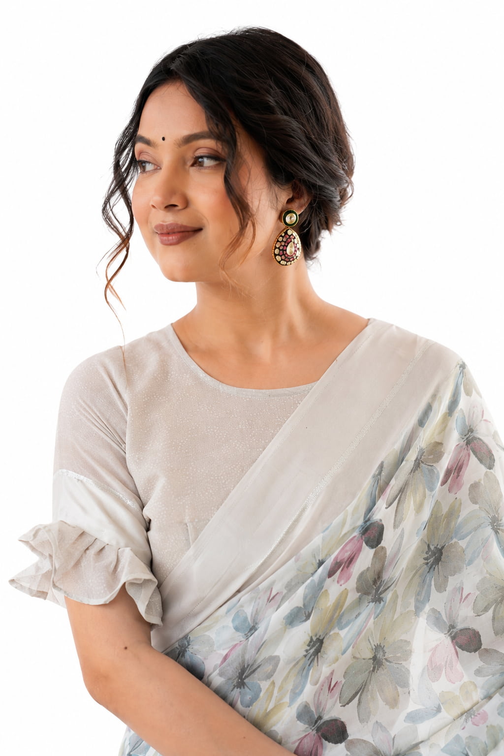 Pearl Grey Floral Georgette Saree with Woven Border - Detail View 2