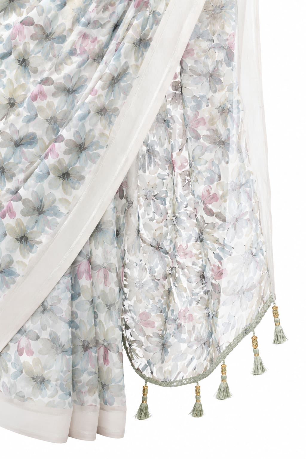 Pearl Grey Floral Georgette Saree with Woven Border - Detail View 3