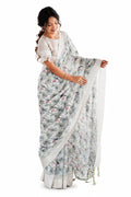 Pearl Grey Floral Georgette Saree with Woven Border