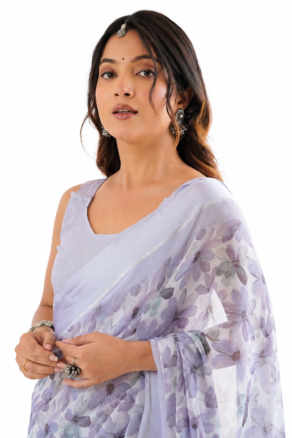 Lavender Purple Floral Georgette Saree with Woven Border - Detail View 2