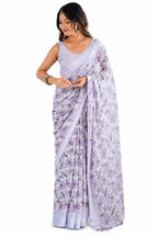 Lavender Purple Floral Georgette Saree with Woven Border - Front View